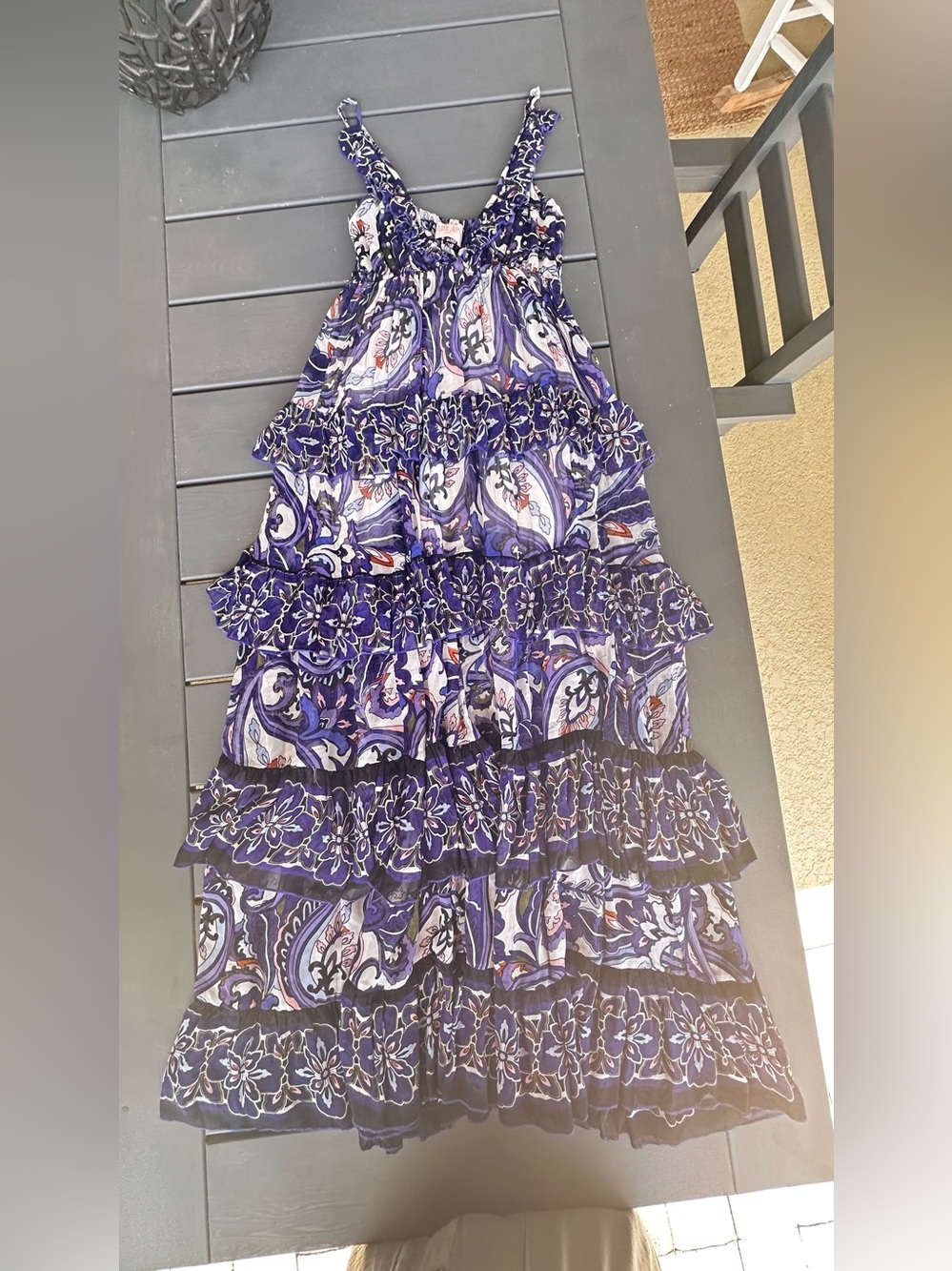 Miss June Paris purple and blue paisley tiered maxi dress. Size M